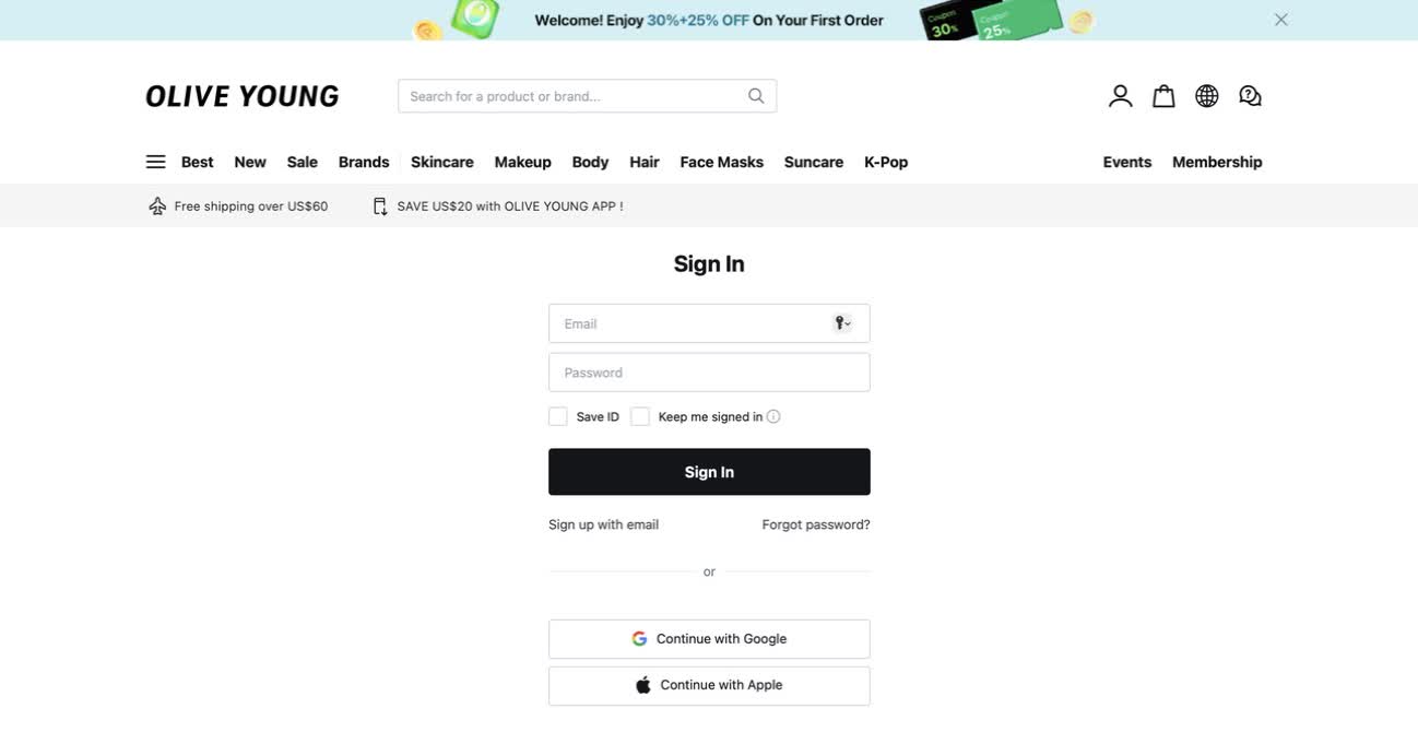 Страница входа OLIVE YOUNG Global с кнопкой Sign up with email