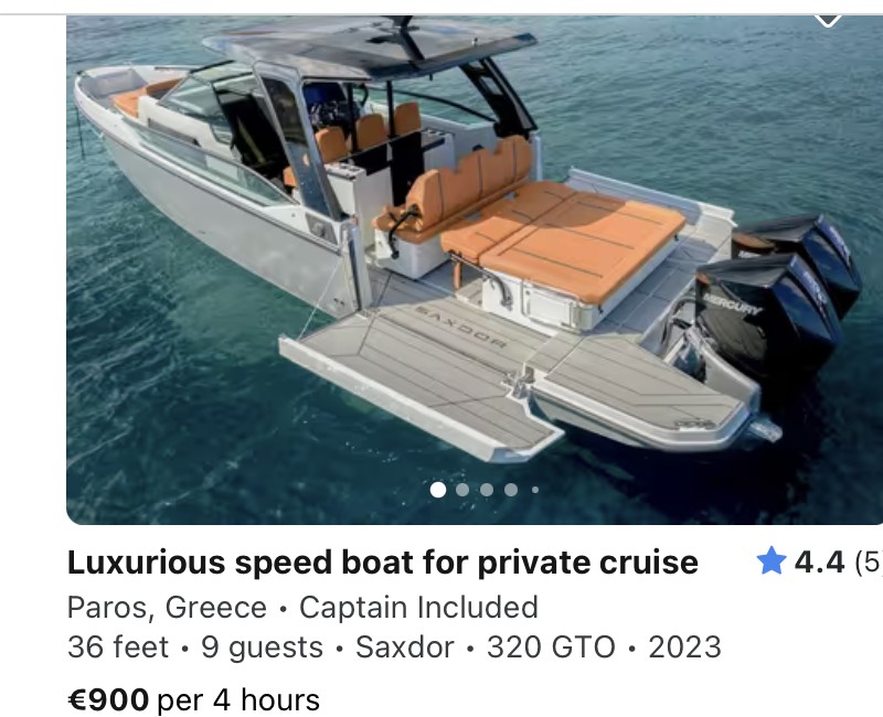 Реальные карточки лодок в Греции на sailo.com с ценами: €900 за 4 часа, €4376 в неделю, €600 за 4 часа